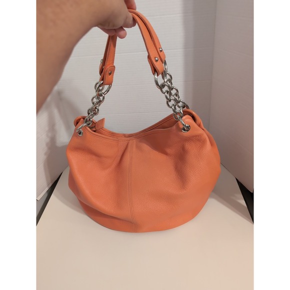 Bodhi Pebbled Leather Peach Hobo Bag With Silver Chain Straps - Picture 1 of 15